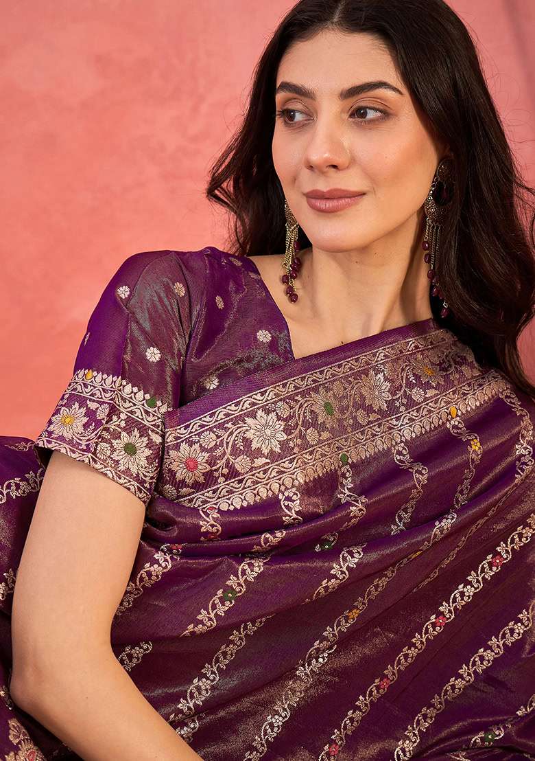 Purple Embroidered Simmer Saree Set for Diwali and Festive Wear - Indya