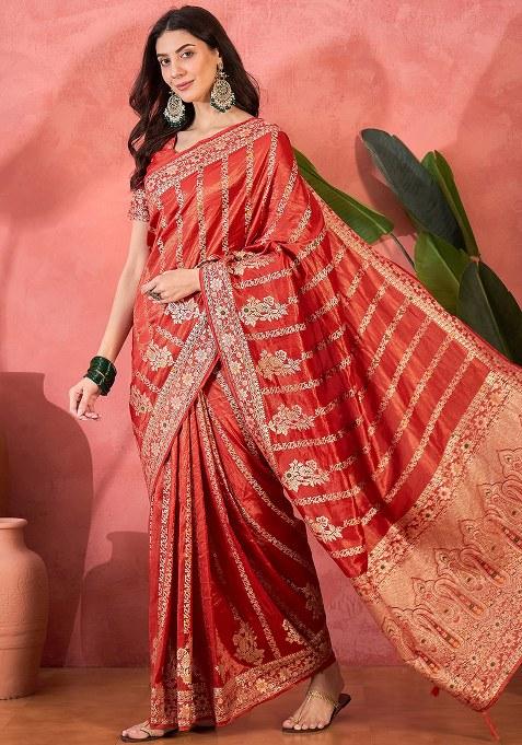 Red Embroidered Simmer Saree Set