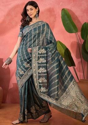 Teal Embroidered Simmer Saree Set