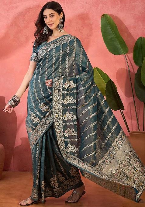 Teal Embroidered Simmer Saree Set