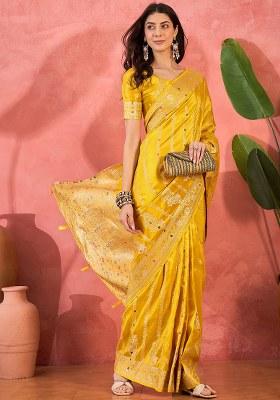Yellow Embroidered Simmer Saree Set