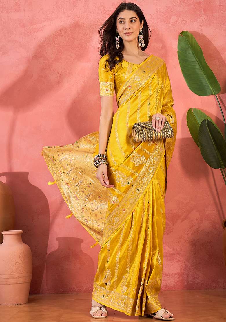 Yellow Embroidered Simmer Saree Set - Indya