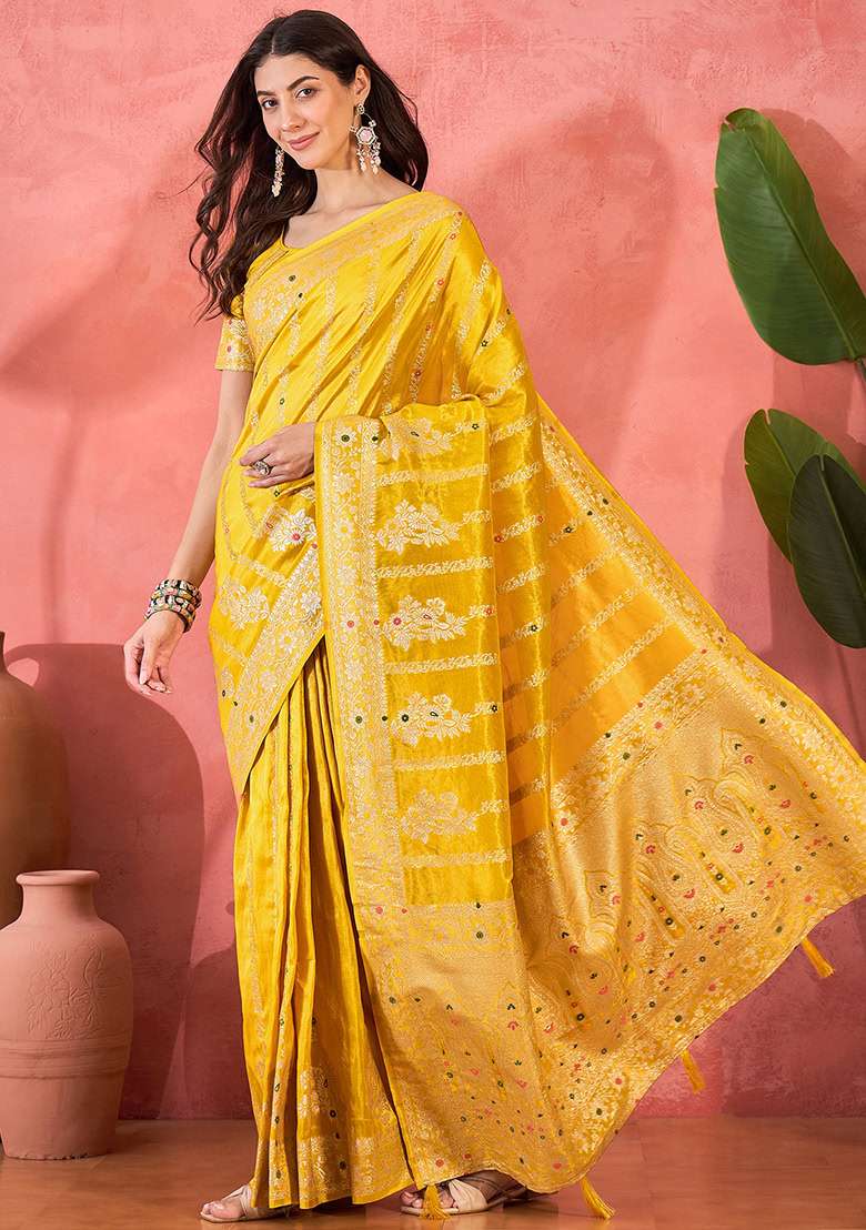 Yellow Embroidered Simmer Saree Set - Indya