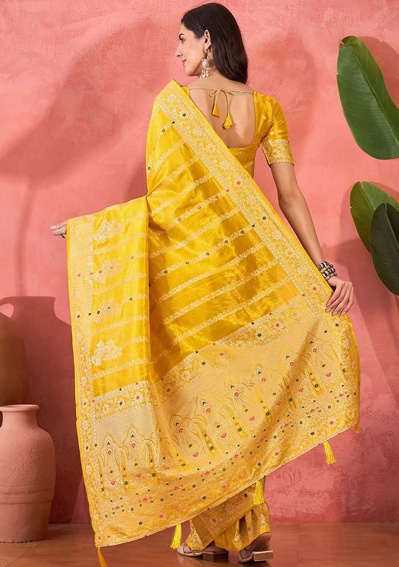 Yellow Embroidered Simmer Saree Set - Indya