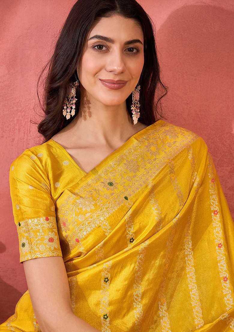 Yellow Embroidered Simmer Saree Set - Indya
