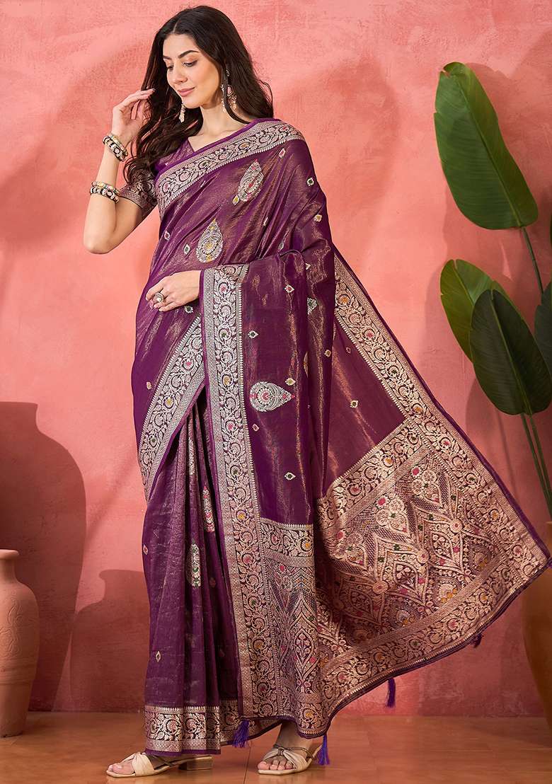 Lavender Embroidered Simmer Saree Set for Diwali and Festive Wear - Indya