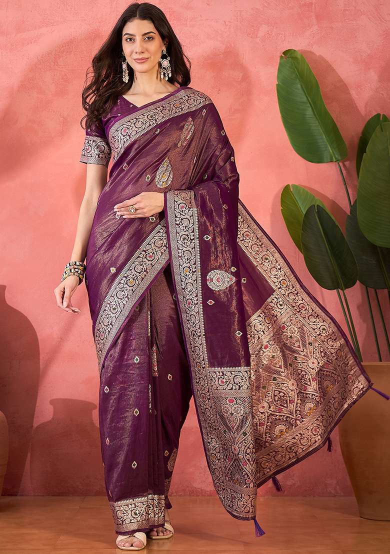Lavender Embroidered Simmer Saree Set for Diwali and Festive Wear - Indya