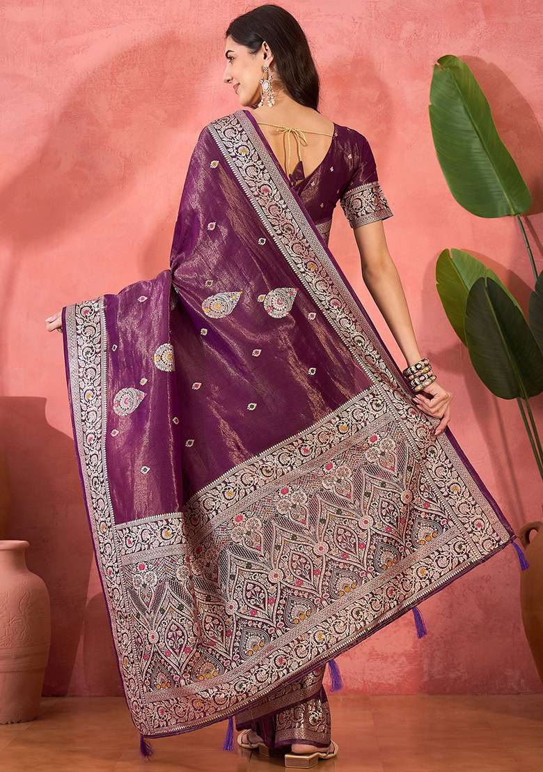 Lavender Embroidered Simmer Saree Set for Diwali and Festive Wear - Indya