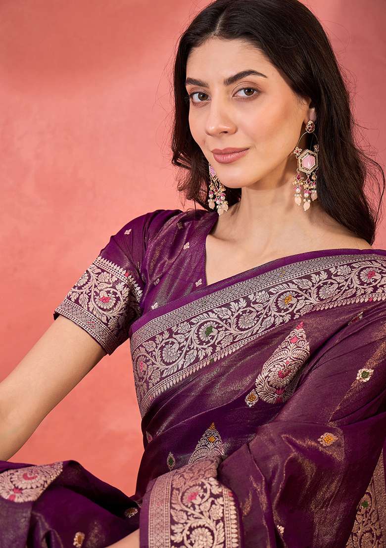 Lavender Embroidered Simmer Saree Set for Diwali and Festive Wear - Indya