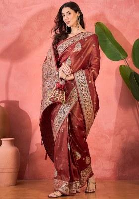 Maroon Embroidered Simmer Saree Set