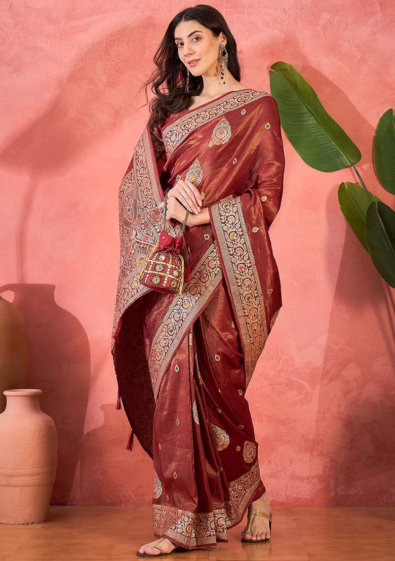 Maroon Simmer Saree Set with Embroidered for Diwali | Wedding & Festive Wear - Indya
