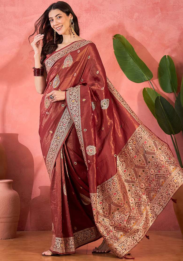 Maroon Simmer Saree Set with Embroidered for Diwali | Wedding & Festive Wear - Indya
