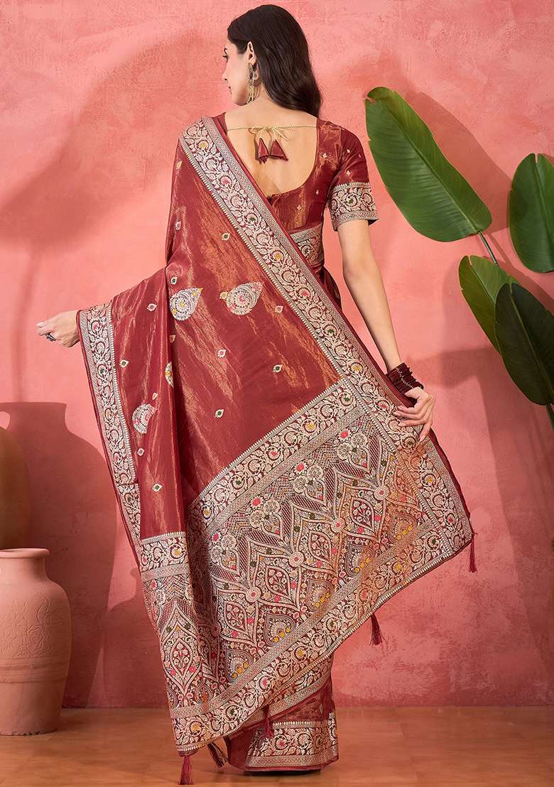 Maroon Simmer Saree Set with Embroidered for Diwali | Wedding & Festive Wear - Indya
