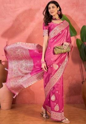 Pink Embroidered Simmer Saree Set