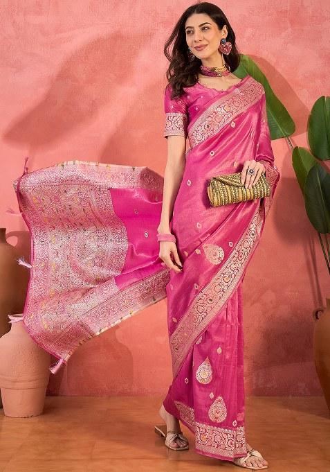 Pink Embroidered Simmer Saree Set