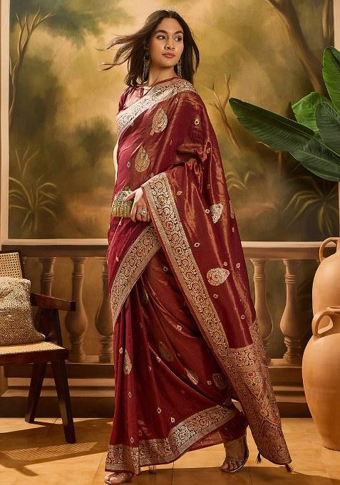 Red Embroidered Simmer Saree Set