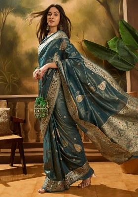 Teal Embroidered Simmer Saree Set
