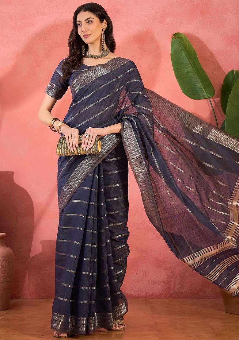 Blue Embroidered Oragnza Saree Set - Indya