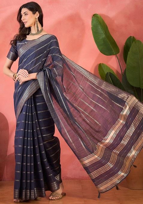 Blue Embroidered Oragnza Saree Set