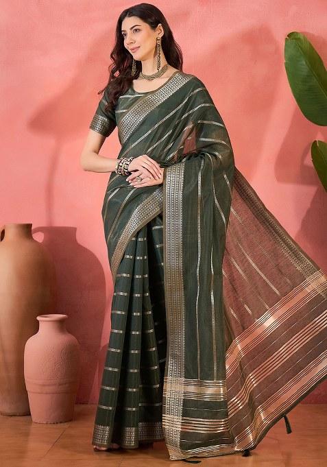 Green Embroidered Oragnza Saree Set