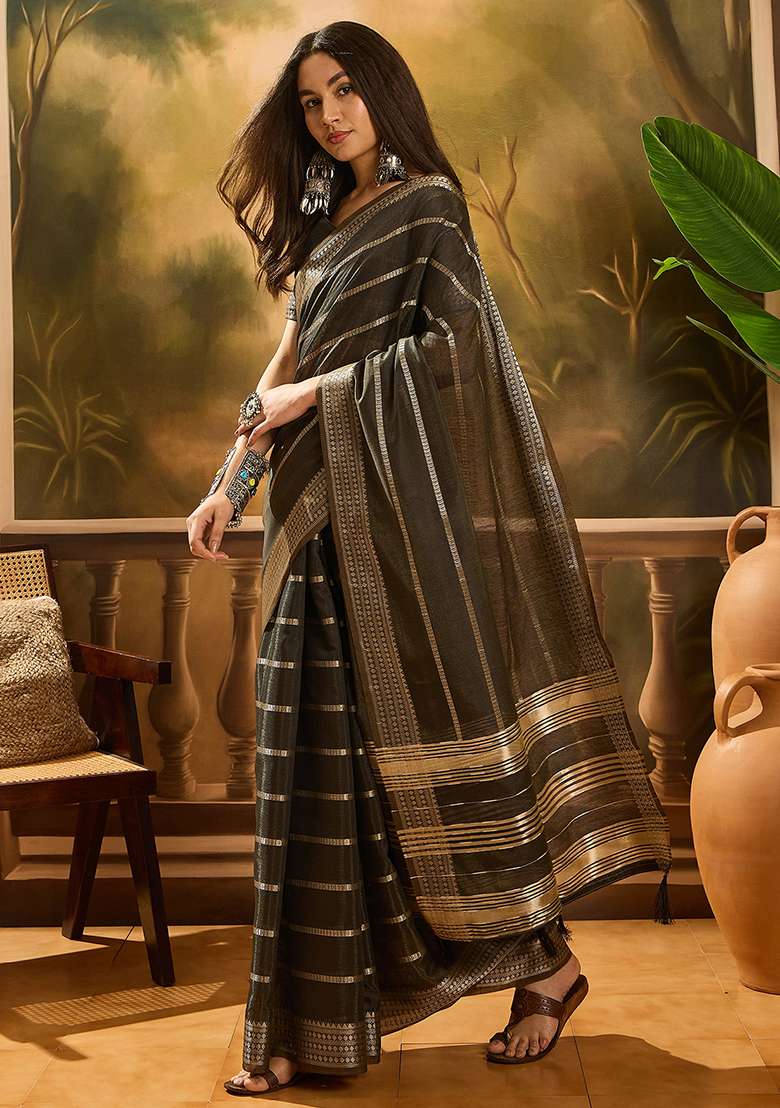 Grey Oragnza Saree Set with Embroidered for Diwali | Wedding & Festive Wear - Indya