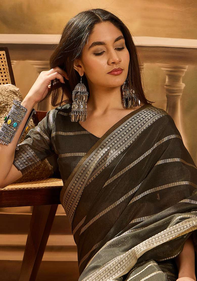Grey Oragnza Saree Set with Embroidered for Diwali | Wedding & Festive Wear - Indya