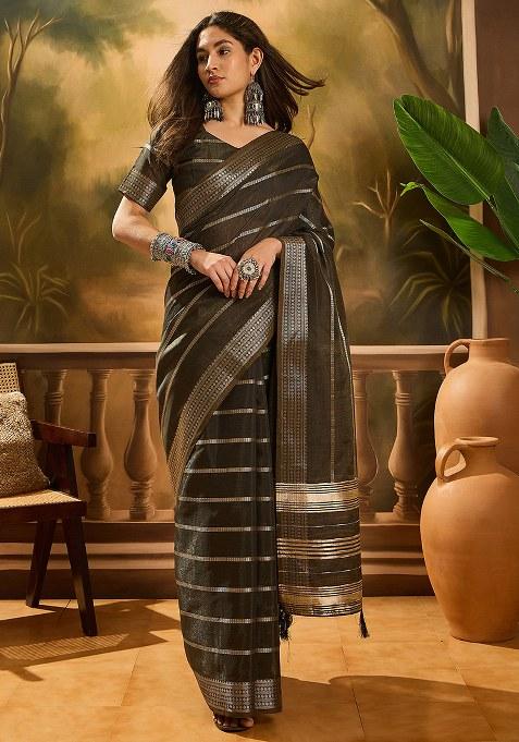Grey Embroidered Oragnza Saree Set