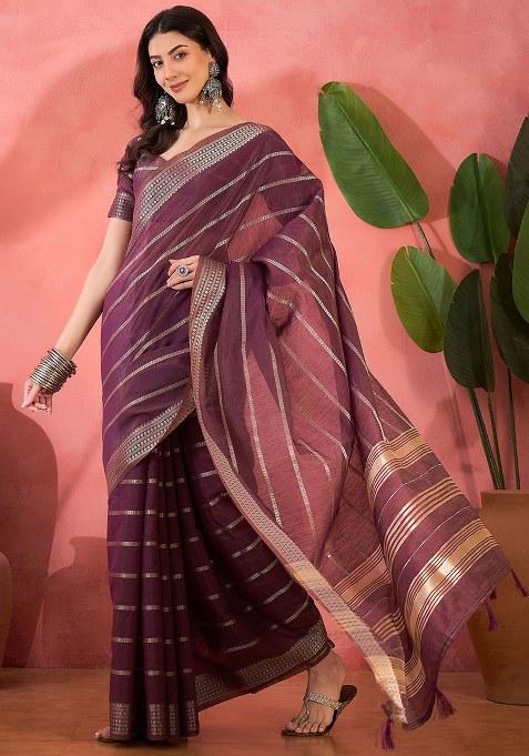 Purple Embroidered Oragnza Saree Set