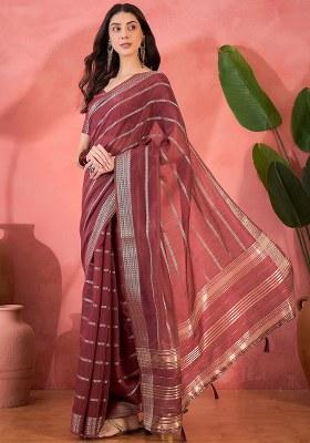 Rust Embroidered Oragnza Saree Set