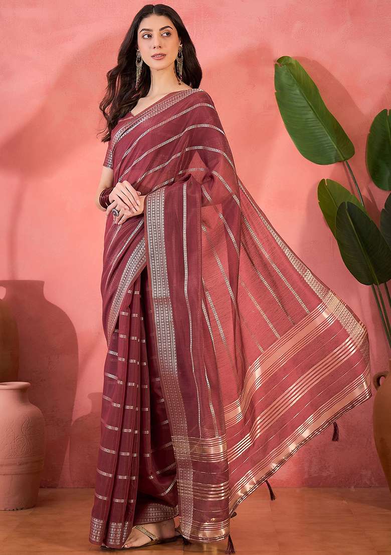 Rust Oragnza Saree Set with Embroidered for Diwali | Wedding & Festive Wear - Indya