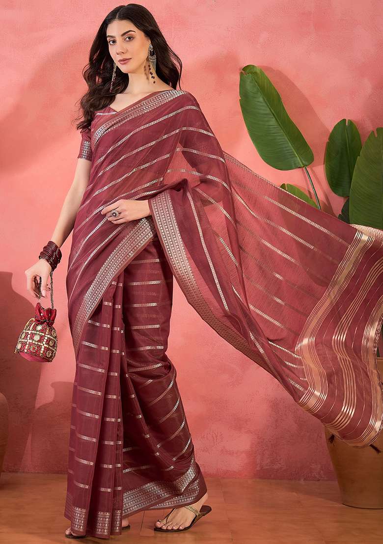 Rust Oragnza Saree Set with Embroidered for Diwali | Wedding & Festive Wear - Indya