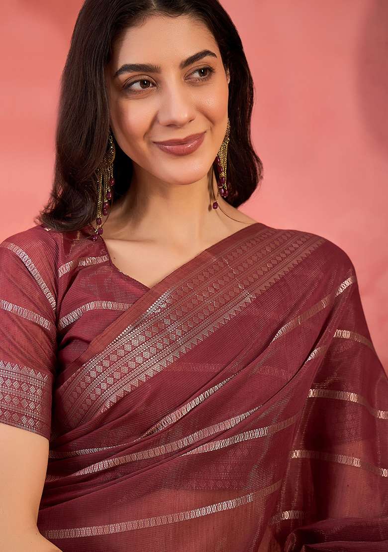 Rust Oragnza Saree Set with Embroidered for Diwali | Wedding & Festive Wear - Indya
