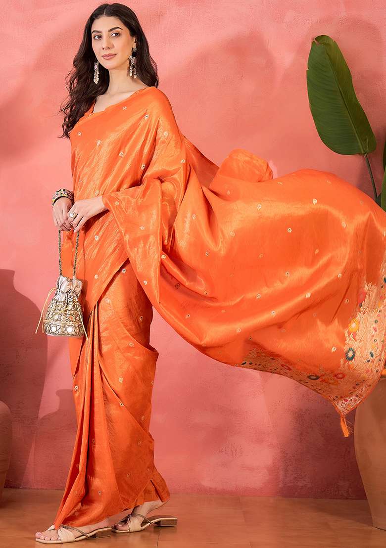 Orange Embroidered Simmer Saree Set - Indya