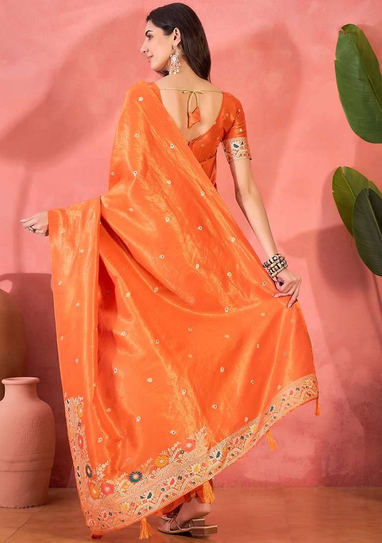 Orange Embroidered Simmer Saree Set - Indya