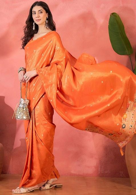 Orange Embroidered Simmer Saree Set