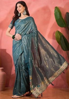 Teal Embroidered Simmer Saree Set