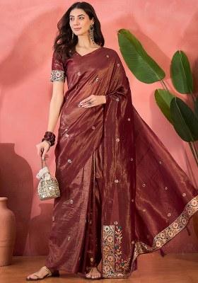 Maroon Embroidered Simmer Saree Set