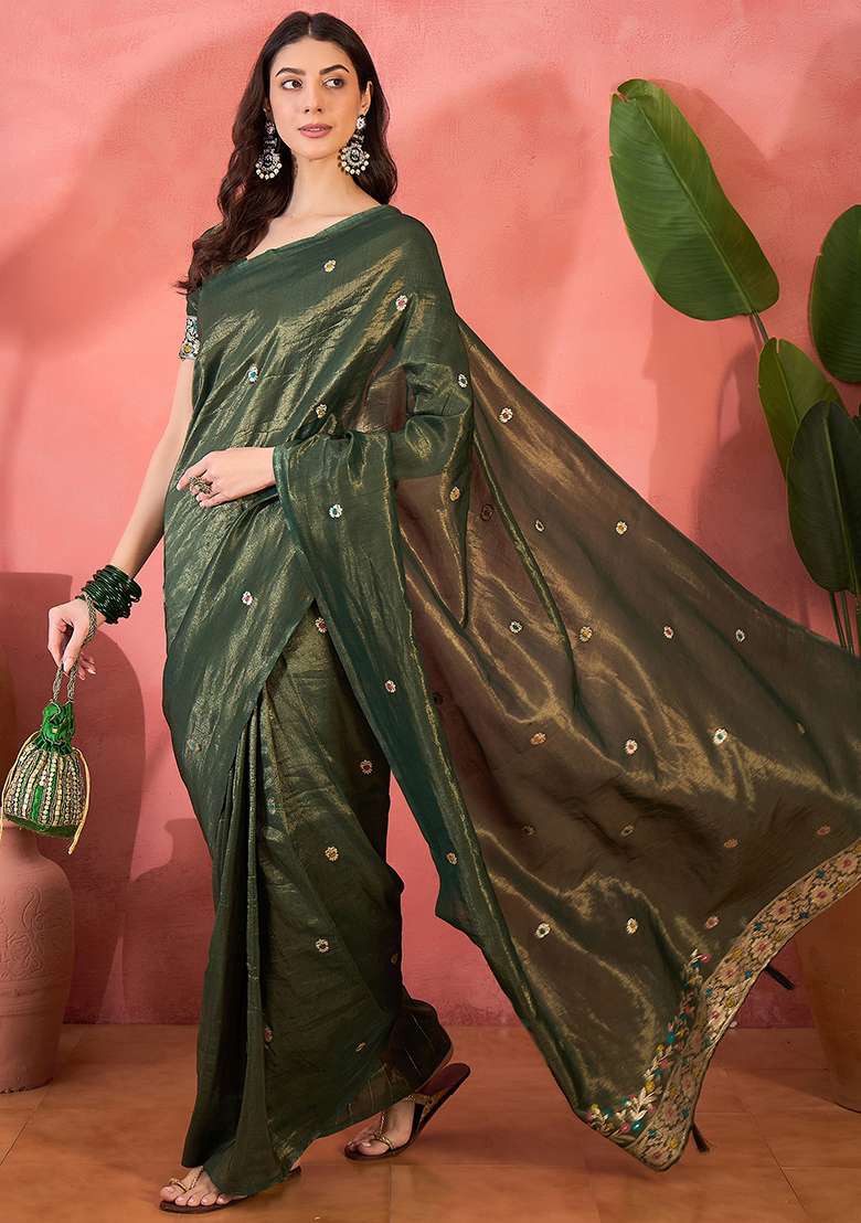 Olive Embroidered Simmer Saree Set for Diwali and Festive Wear - Indya