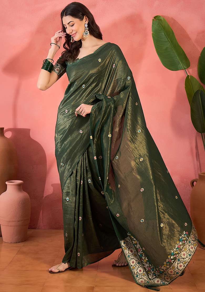 Olive Embroidered Simmer Saree Set for Diwali and Festive Wear - Indya
