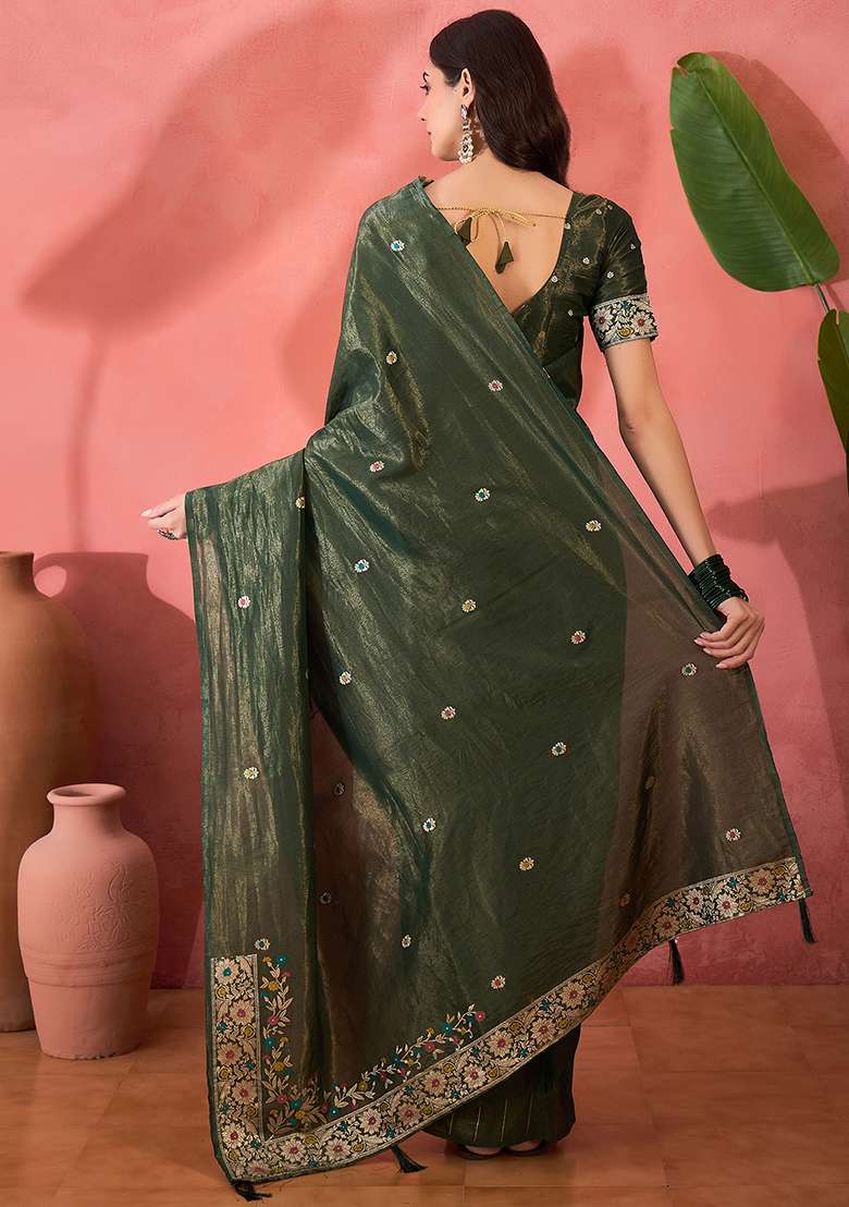 Olive Embroidered Simmer Saree Set for Diwali and Festive Wear - Indya
