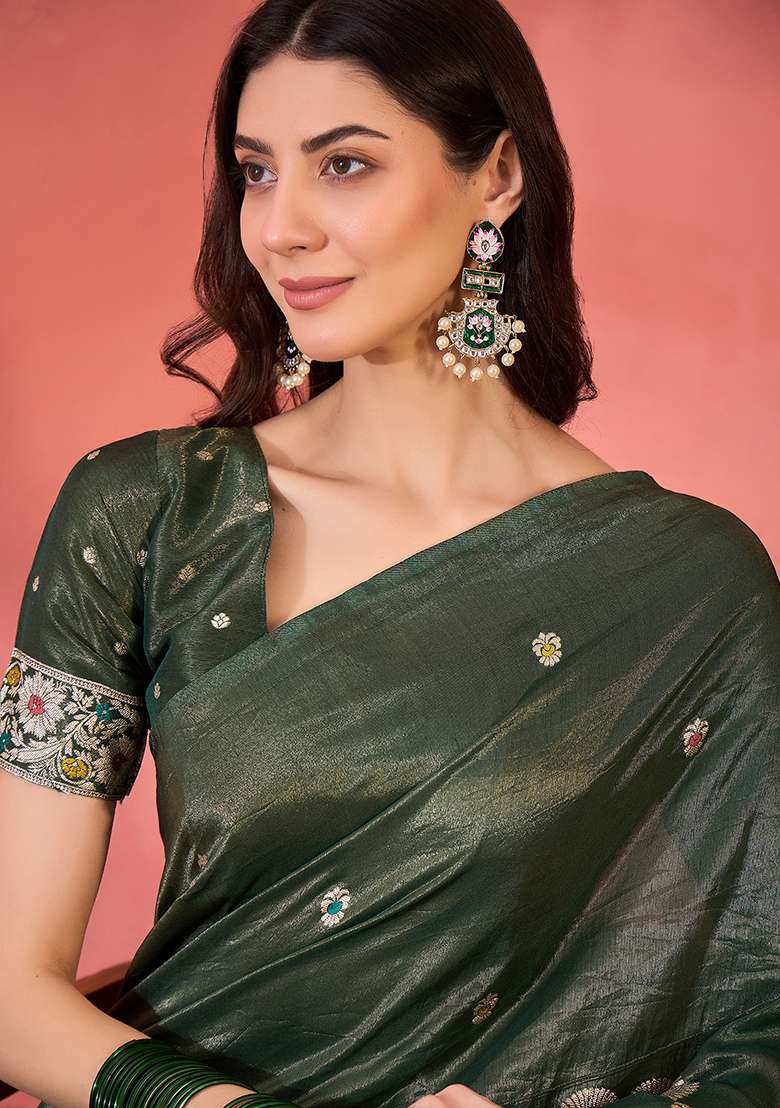 Olive Embroidered Simmer Saree Set for Diwali and Festive Wear - Indya