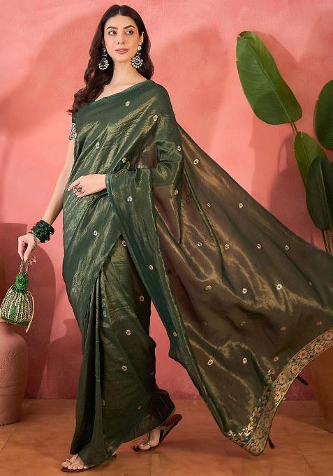 Olive Embroidered Simmer Saree Set