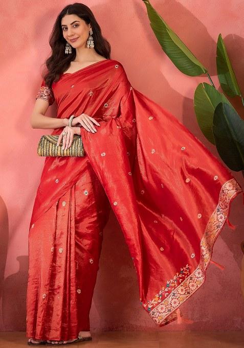 Red Embroidered Simmer Saree Set