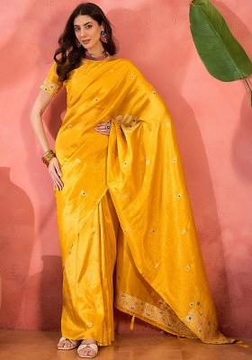Yellow Embroidered Simmer Saree Set