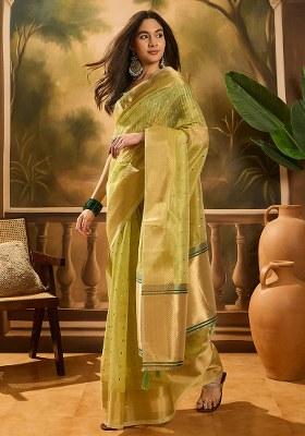 Pista Green Embroidered Oragnza Saree Set