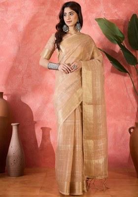 Beige Embroidered Oragnza Saree Set