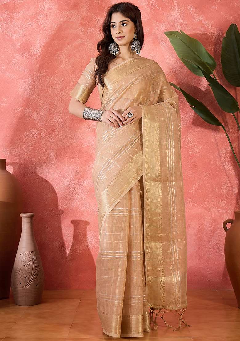 Beige Oragnza Saree Set with Embroidered for Diwali | Wedding & Festive Wear - Indya