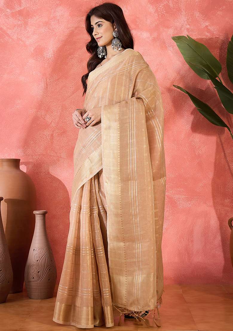 Beige Oragnza Saree Set with Embroidered for Diwali | Wedding & Festive Wear - Indya