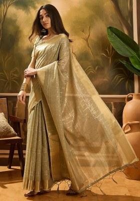 Green Embroidered Oragnza Saree Set