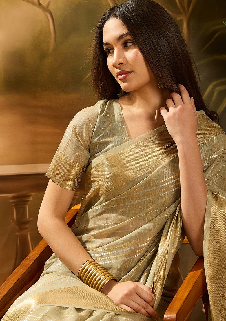 Green Embroidered Oragnza Saree Set - Indya